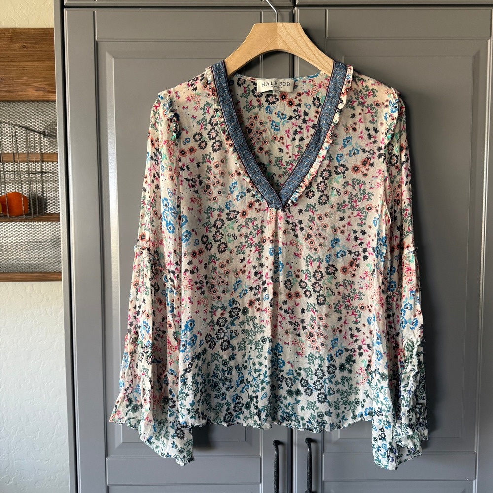 Hale Bob Women's Floral Print V Neck Bell Sleeve Sheer Blouse,‎ Multi, S